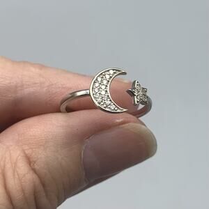 925 Sterling Silver Moon And Star Ring, Size 5.5 CZ Or Diamonds, Moon Star Band